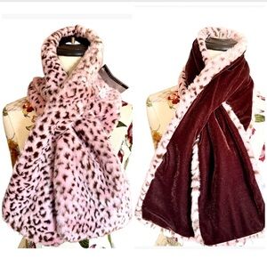 FAUX FUR LEOPARD SCARF REVERSIBLE PULL THRU KNOT  PINK VELOUR BROWN PRINT NWT